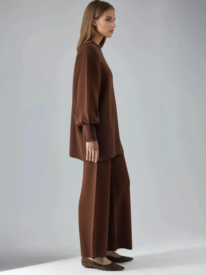 MY FASHION Coffee Brown MY FASHION Loose Fit Sweater & Pants Knit Co-ord Set for Women | Best Price UAE
